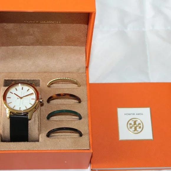 NIB TORY BURCH GIGI GOLD CASE BLACK LEATHER WATCH TOP RINGS GIFT SET TBW2018 - Picture 2 of 12